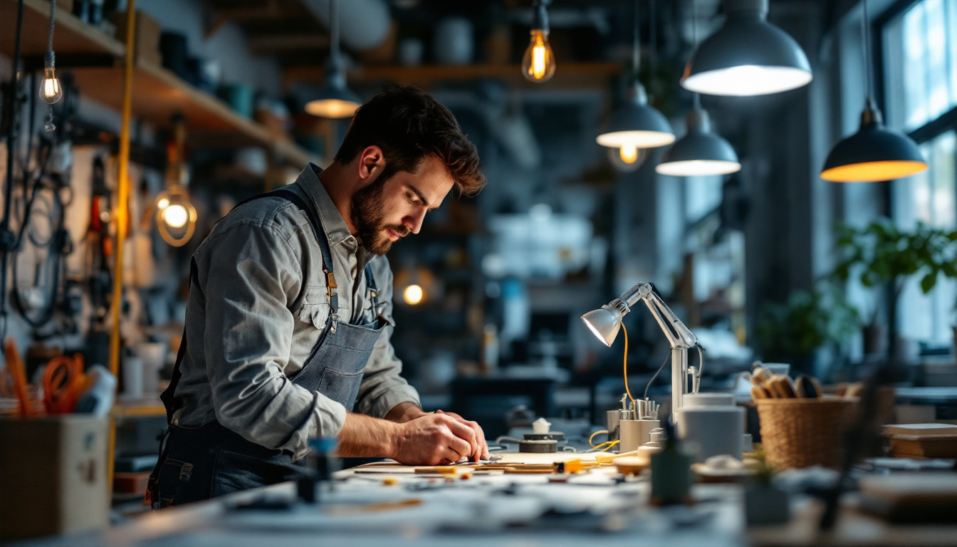 A photograph of a dynamic workspace featuring an electrician or contractor skillfully handling various electric cords and lighting fixtures