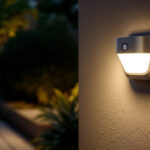 A photograph of a well-lit outdoor area featuring a stylish motion sensor light in action