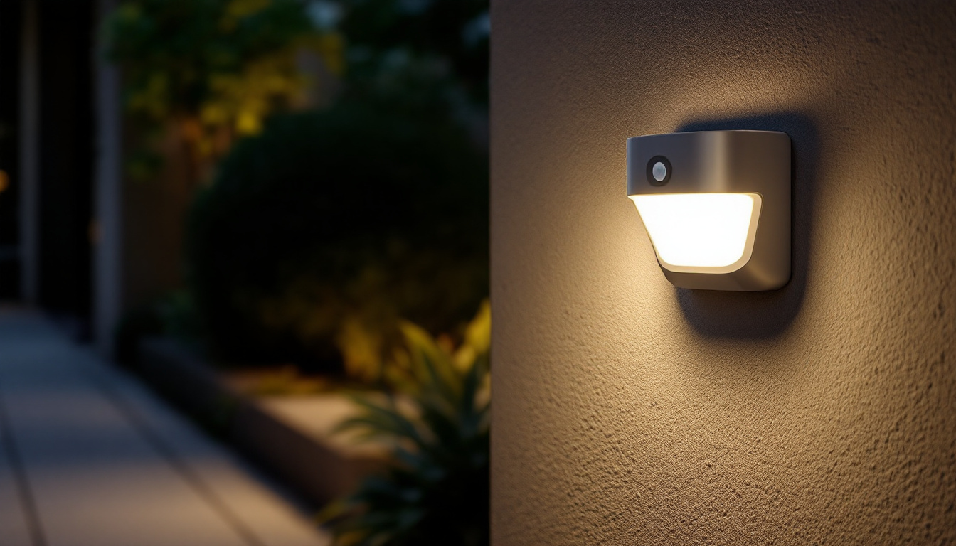A photograph of a well-lit outdoor area featuring a stylish motion sensor light in action