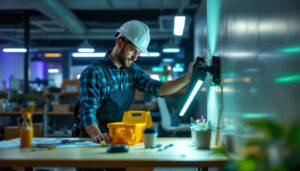 A photograph of a lighting contractor efficiently installing green emergency lighting in a commercial setting