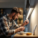 A photograph of a lighting contractor working with lotus led thin trim lights in a residential or commercial setting