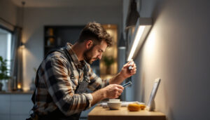 A photograph of a lighting contractor working with lotus led thin trim lights in a residential or commercial setting