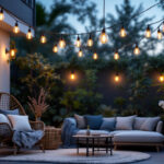 A photograph of a beautifully designed outdoor space featuring stylish hanging lights