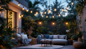 A photograph of a beautifully designed outdoor space featuring stylish hanging lights