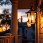 A photograph of capture a photograph of a beautifully lit porch featuring an elegant lamp