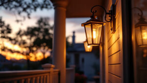 A photograph of capture a photograph of a beautifully lit porch featuring an elegant lamp