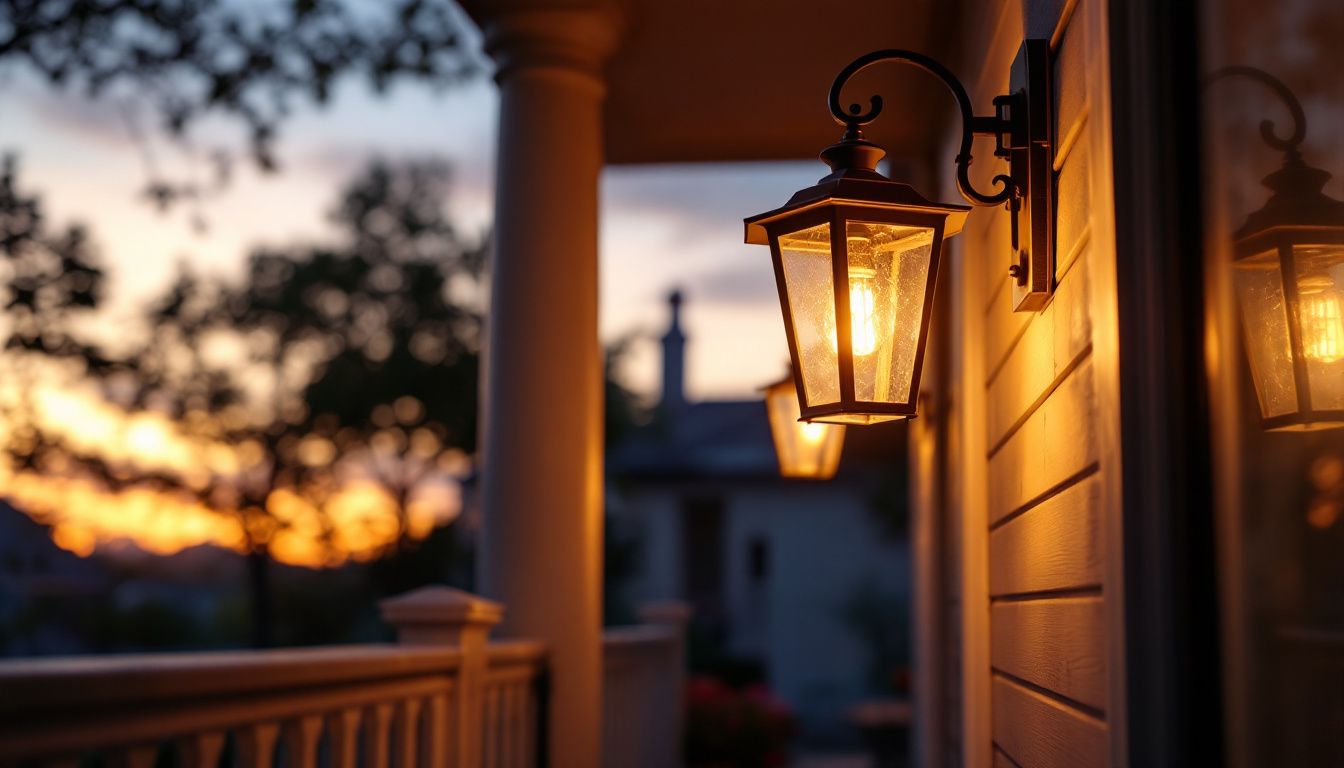 A photograph of capture a photograph of a beautifully lit porch featuring an elegant lamp
