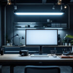 A photograph of a well-lit workspace featuring the 48 led shop lights in action