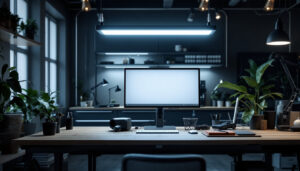 A photograph of a well-lit workspace featuring the 48 led shop lights in action
