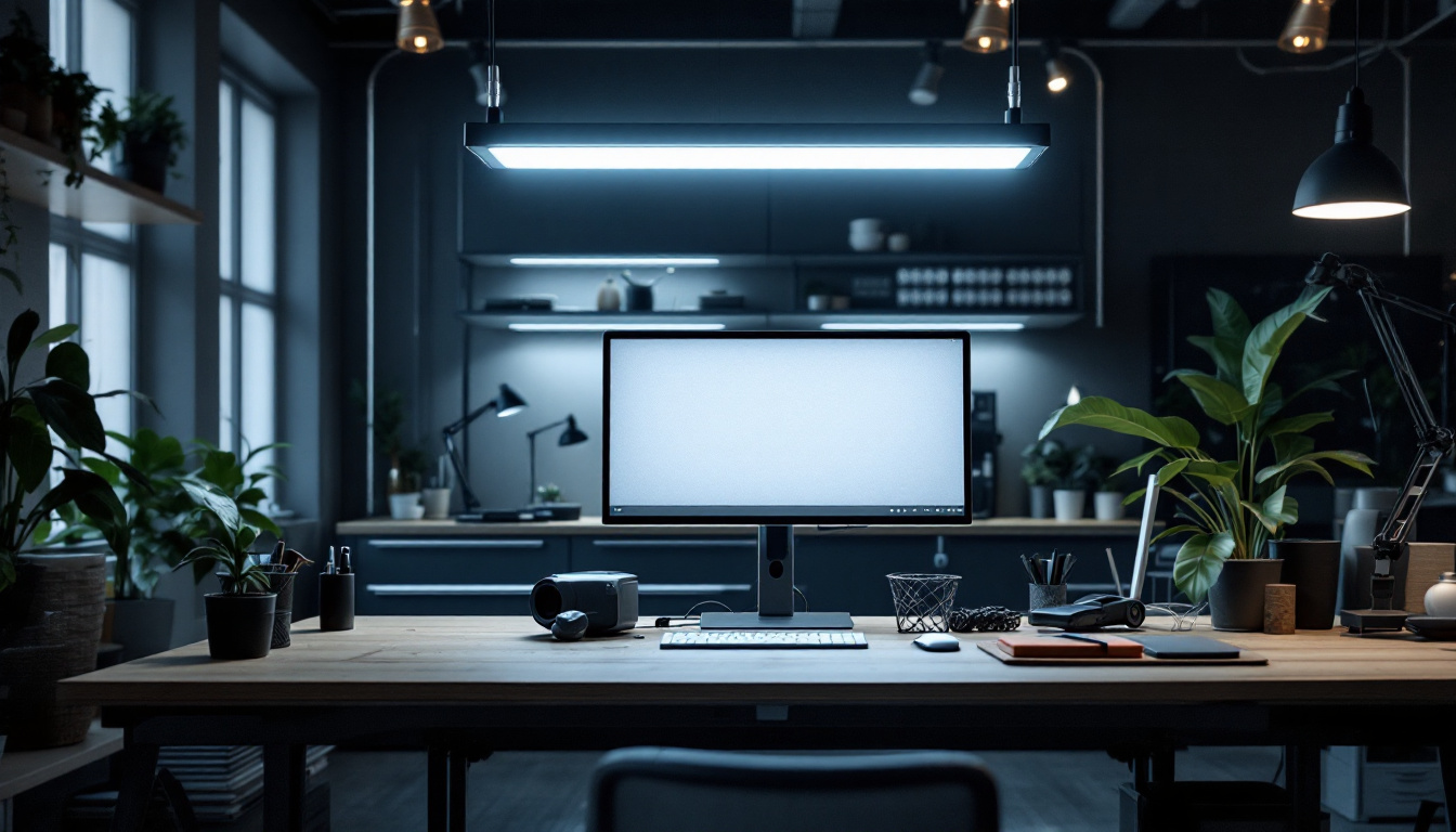 A photograph of a well-lit workspace featuring the 48 led shop lights in action