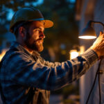 A photograph of a lighting contractor engaged in the process of installing or adjusting outdoor lighting fixtures