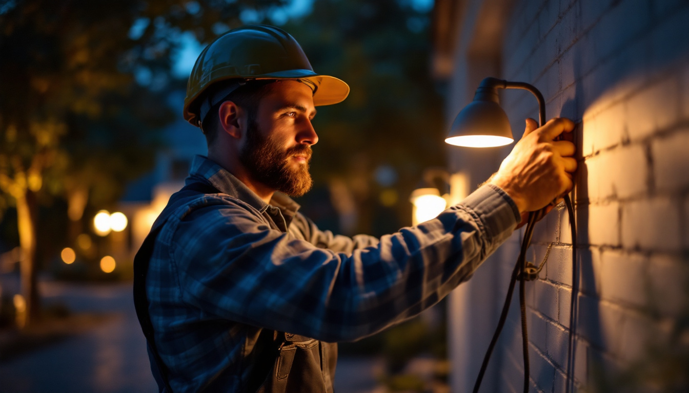 A photograph of a lighting contractor engaged in the process of installing or adjusting outdoor lighting fixtures
