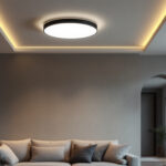 A photograph of a stylish modern interior featuring sleek flush mount led ceiling lights