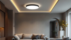A photograph of a stylish modern interior featuring sleek flush mount led ceiling lights