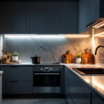 A photograph of a modern kitchen featuring stylish under cabinet lighting in action