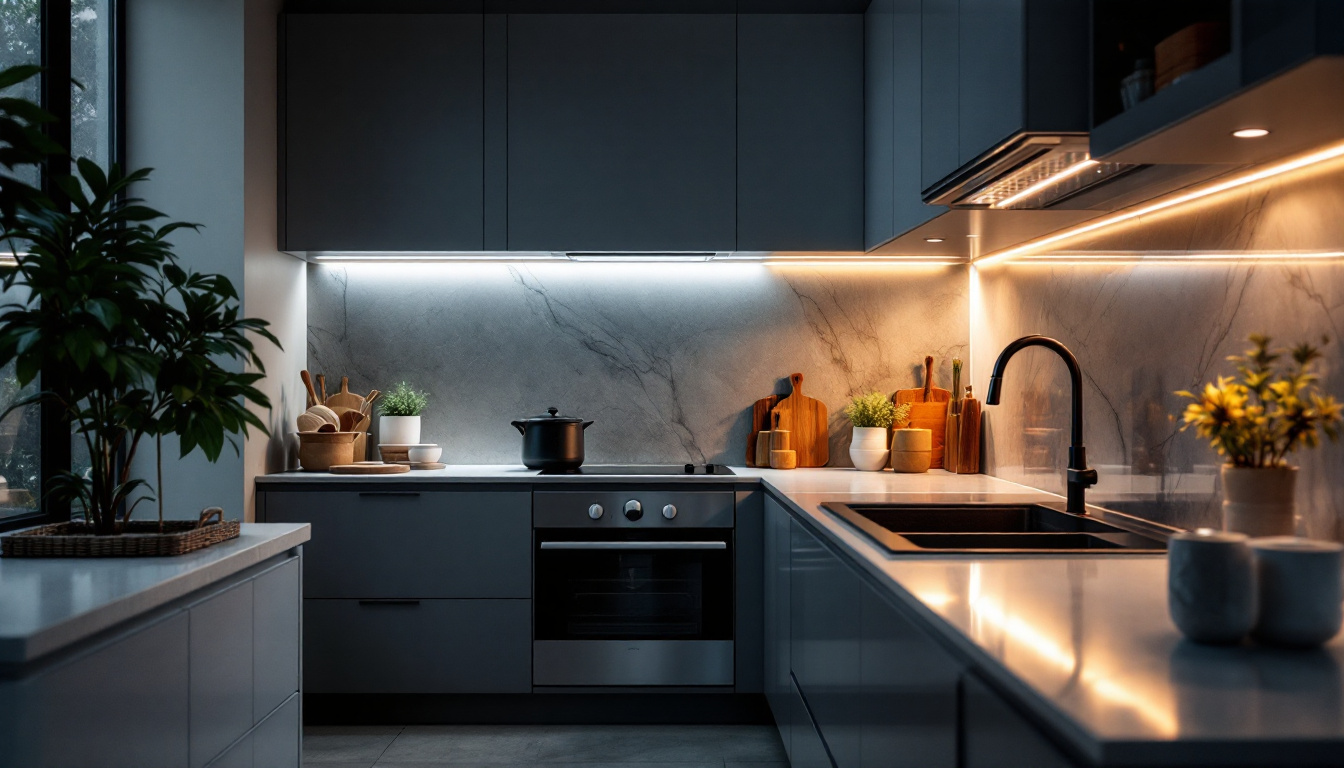 A photograph of a modern kitchen featuring stylish under cabinet lighting in action