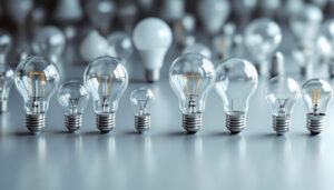 A photograph of a well-organized display of various light bulb base types