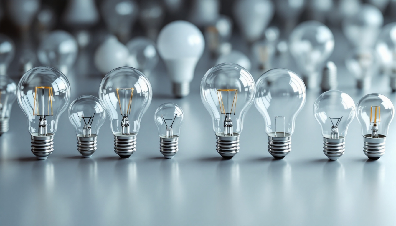 A photograph of a well-organized display of various light bulb base types
