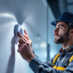 A photograph of a lighting contractor installing or adjusting an occupancy detector in a commercial space