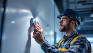 A photograph of a lighting contractor installing or adjusting an occupancy detector in a commercial space