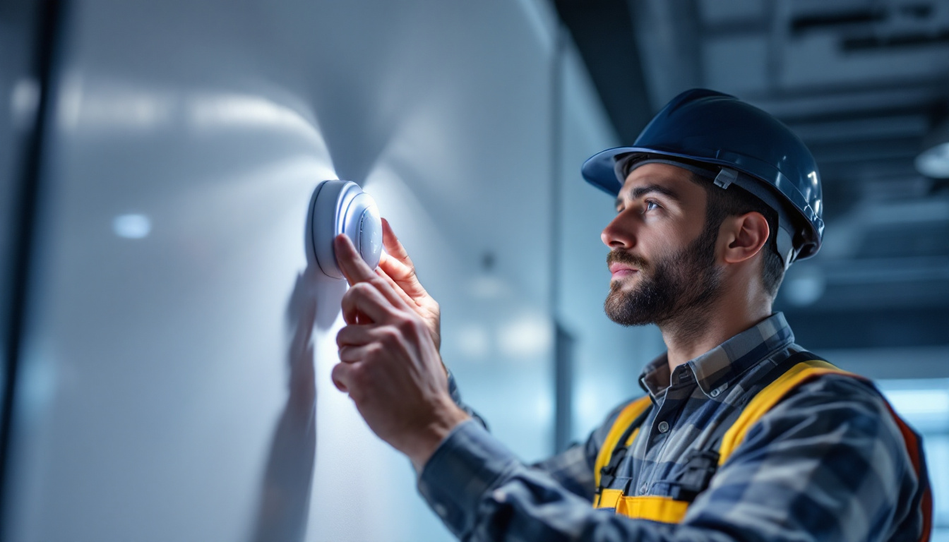 A photograph of a lighting contractor installing or adjusting an occupancy detector in a commercial space