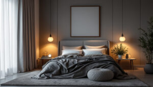 A photograph of a beautifully lit bedroom showcasing stylish bed lights in various settings