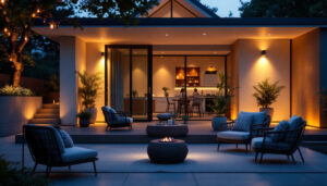 A photograph of a well-lit exterior space showcasing the amazon.com 6-inch recessed led retrofit lights installed in a stylish setting