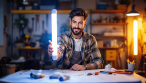 A photograph of a lighting contractor showcasing a vibrant fluorescent led lamp in a well-lit workspace