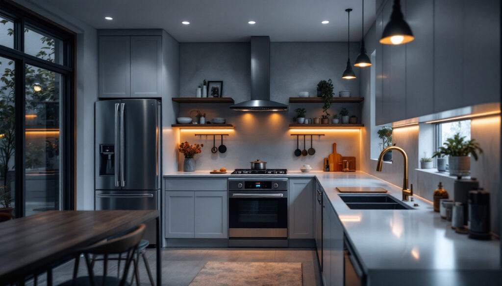 A photograph of a beautifully designed kitchen featuring recessed lighting that highlights the space