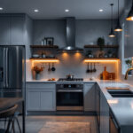 A photograph of a beautifully designed kitchen featuring recessed lighting that highlights the space