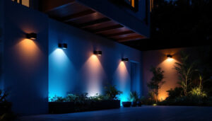 A photograph of a beautifully illuminated outdoor space at dusk