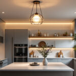 A photograph of a beautifully designed kitchen featuring a stylish ceiling light