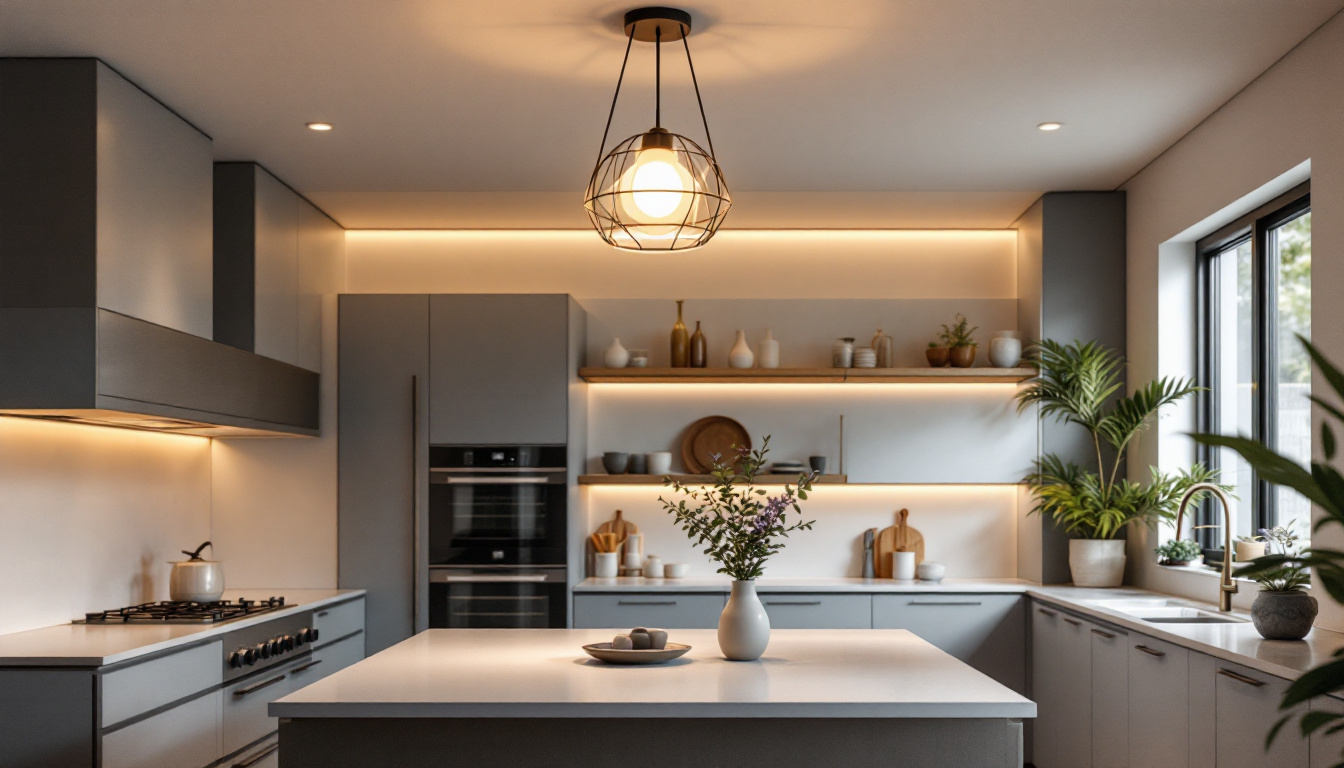 A photograph of a beautifully designed kitchen featuring a stylish ceiling light