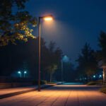 A photograph of a well-lit street scene showcasing a modern street light post illuminating a pedestrian walkway