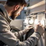 A photograph of a lighting contractor skillfully installing a washer and dryer outlet in a modern laundry room