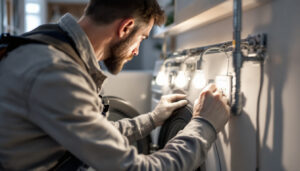 A photograph of a lighting contractor skillfully installing a washer and dryer outlet in a modern laundry room