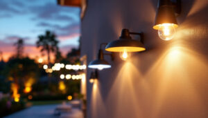 A photograph of a beautifully illuminated outdoor space featuring various stylish house light fixtures