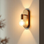 A photograph of a stylish sconce light fixture elegantly mounted on a wall in a modern interior setting