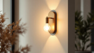 A photograph of a stylish sconce light fixture elegantly mounted on a wall in a modern interior setting