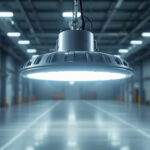 A photograph of a high bay led light installed in a spacious industrial or commercial setting