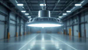 A photograph of a high bay led light installed in a spacious industrial or commercial setting