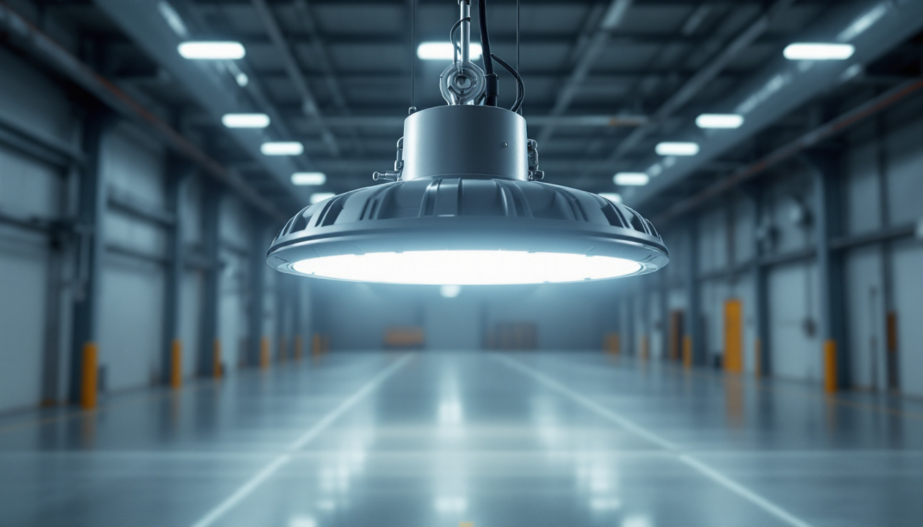 A photograph of a high bay led light installed in a spacious industrial or commercial setting