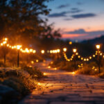A photograph of a beautifully illuminated outdoor scene at dusk