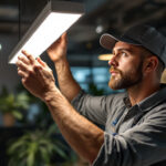 A photograph of a skilled lighting contractor installing or adjusting a sleek 4-foot led light fixture in a modern workspace