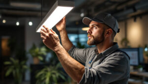 A photograph of a skilled lighting contractor installing or adjusting a sleek 4-foot led light fixture in a modern workspace