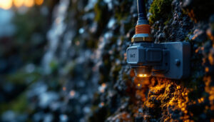 A photograph of a close-up of a watertight electrical connector in use within a lighting installation