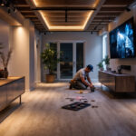 A photograph of a well-lit basement featuring modern led lighting installations