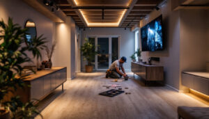 A photograph of a well-lit basement featuring modern led lighting installations