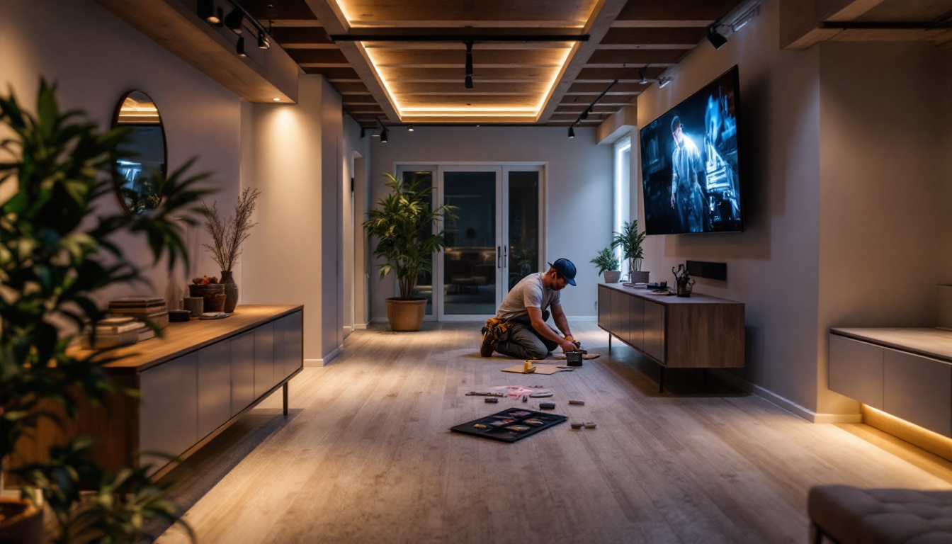 A photograph of a well-lit basement featuring modern led lighting installations