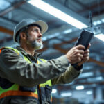 A photograph of a lighting contractor installing or adjusting low bay lights in a large industrial or commercial space
